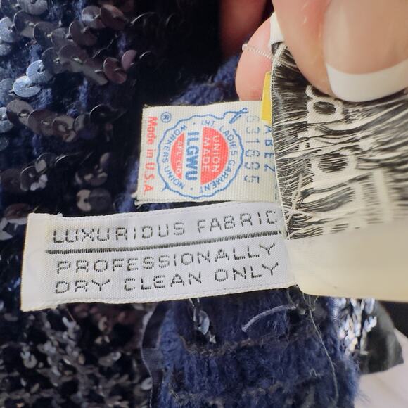 Vintage Partique New York Navy Sequin Openwork Lattice Knit Sweater Medium USA - Picture 9 of 9